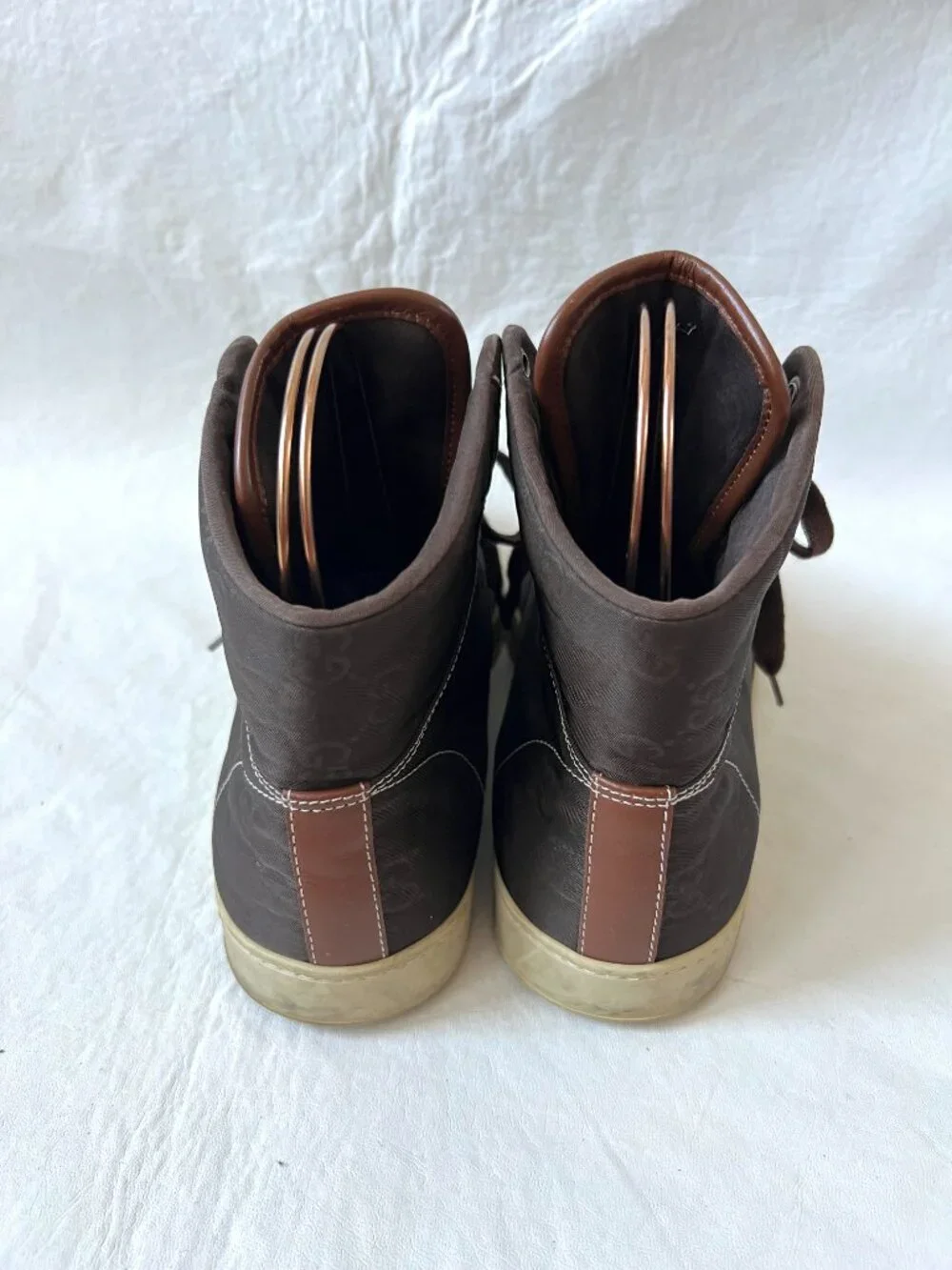 Gucci sneakers GG nylon brown leather 8.5 US 9 mens lace up high top shoes